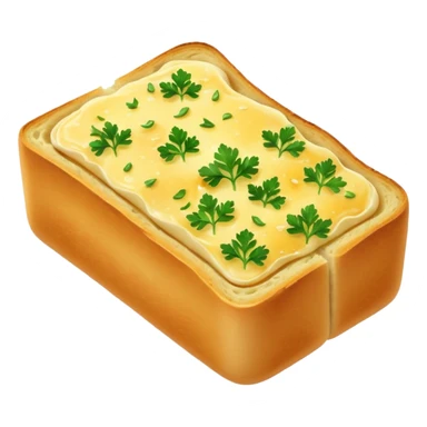 garlic bread slice, golden, crisp edges, melted butter and herbs, soft fluffy inside, toasted glossy crust, parsley and garlic flecks, no plate or knife, soft lighting, emoji scale sticker