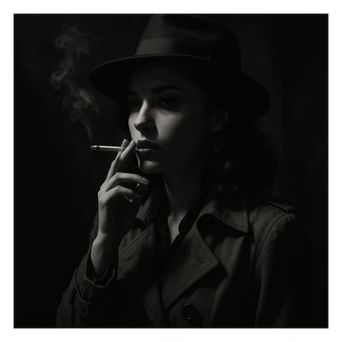 a girl smoking, noir style, shadowy, mysterious, vintage detective film vibe sticker