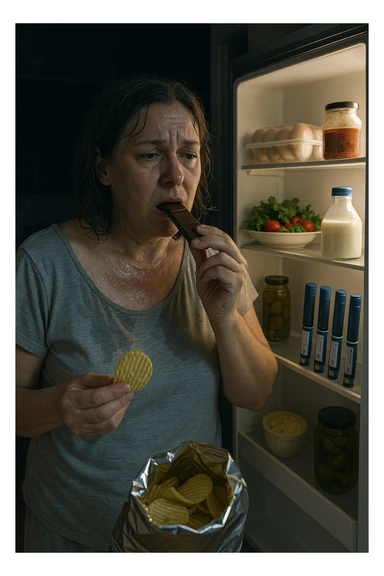 Menopausal woman binge-eating at 2AM after night sweat, fridge light illuminating insulin pens sticker