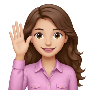 girl with wavy long brown hair, brown eyes, light to medium complexion, long lashes, light pink lipstick, wearing light pink shirt, smiling, hand covering eyes sticker