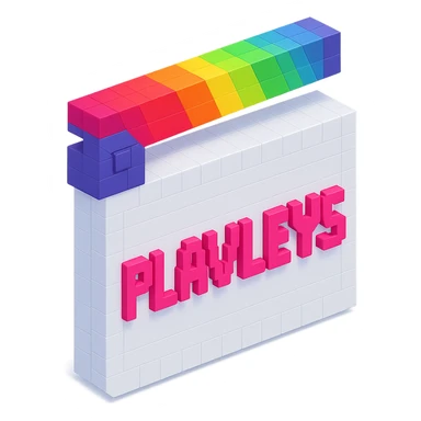 voxel style movie clapperboard, white body, colorful lid, pink text 'PLAVLEYS', isometric view sticker