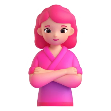Shy girl character with arms crossed, transparent glass style, bright pink gradient, soft shadows and highlights, minimalist cute design sticker