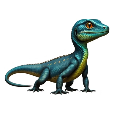 cinematic-monitor-lizard-realistic-full-body-standing on all fours-emoji,-long-powerful-tail-dragging-slightly-behind,-sleek-scaled-body-textured-with-rich-patterns,-head-tilted-dramatically,-dark-intense-eyes-observing-its-surroundings,-simplified-yet-realistic-focused-features,-highly-detailed,-glowing-with-an-almost-sarcastic-glow sticker