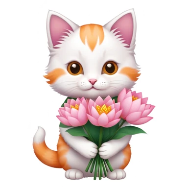 Kitten holding a bouquet of lotus flowers sticker