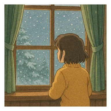ghibli style illustration of someone watching snow fall through a window sticker