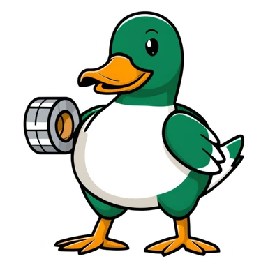 mallard duck holding a roll of silver duct tape sticker