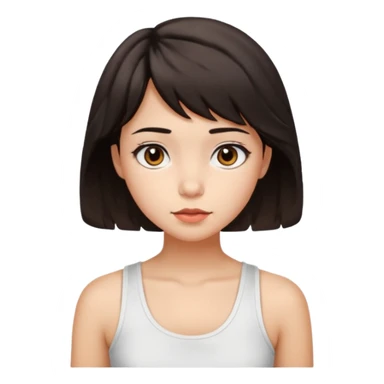 A pretty girl with dark brown eyes and short wavy dark hair with short side bangs and a neutral expression, with chinita skin and a white tank top(not sleeveless)emoji sticker
