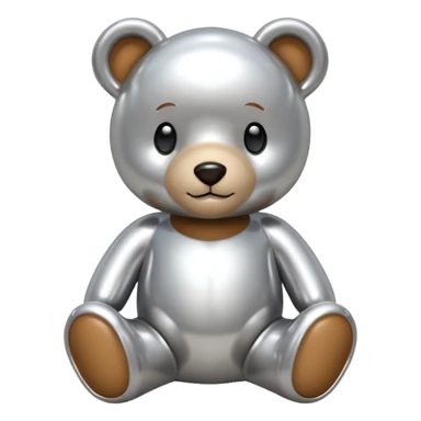 A cute teddy bear emoji made of liquid silver chrome, smooth rounded body, glossy metallic surface, soft reflections, friendly proportions, iOS emoji style, centered, clean white background sticker