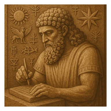 Sumerian god with curly hair, focused on a clay tablet, surrounded by ancient symbols, divine and wise appearance, historical vibe sticker