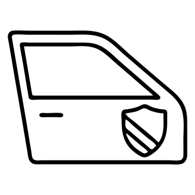 outlined icon of luxury car side window, clean lines, dark to gray gradient suggested with lines, small shield or blocked sunbeam, subtle shading, modern and simple sticker