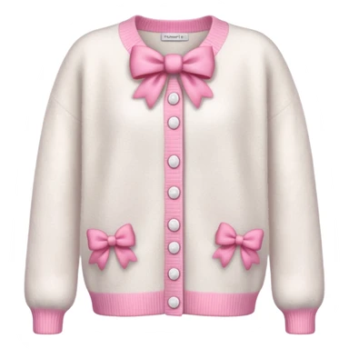 white cashmere cardigan with 8 tiny pink bows all over front and sleeves, realistic 3d isolated, soft texture sticker