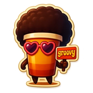 Tall coffee cup, no mouth, afro, heart glasses, holding sign "groovy" sticker