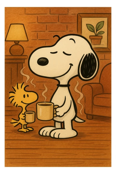 Add Woodstock standing next to Snoopy, both holding a coffee cup, preserving the background, in the GPT image style. sticker