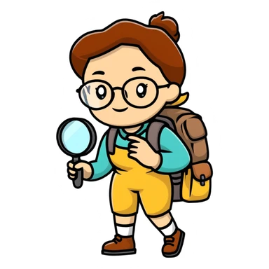 Cheerful woman explorer with glasses and backpack, holding a single magnifying glass in her hand sticker