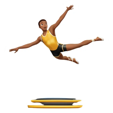 An athletic person soaring high above a trampoline, executing an acrobatic flip with perfect form. The scene captures motion and energy, with a dynamic pose, stretched limbs, and a focused expression. The background suggests a professional trampoline arena with safety padding. sticker