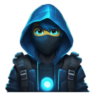 Young developer behind his laptop with this style : Riot Games Valorant neon glowing bright blue character blue black hooded assassin themed character sticker