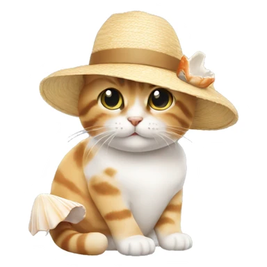 A cat holding a seashell in its hand and wearing a sun hat  sticker