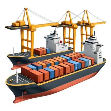 A 3D cartoon cargo or passenger seaport terminal with cranes and ships docked, calm lighting, Memoji-style realism. sticker