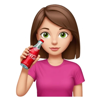 a girl with brown hair and greyish-green eyes wearing a hot pink tshirt, drinking a bottle of coca cola sticker