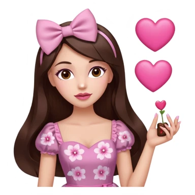 Chocolate brown clothes emoji, inspired with brunette hair, brown eyes, long hair, heart shape lips and pink make up  and pink nails, mauve pink blush and floral pink dress, half up hair with white bow peaking on the sides, white heels  sticker