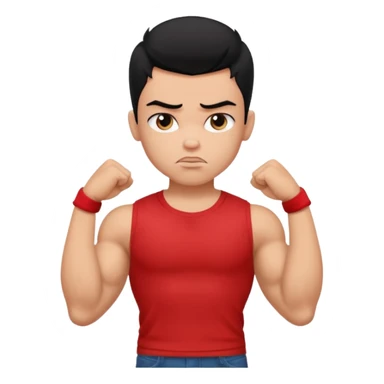 a pretty bratz boy with black hair and a red tshirt, big biceps looking sad sticker