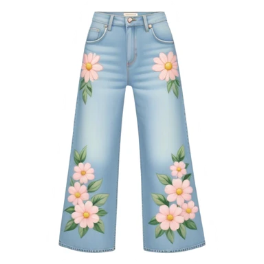 light wash denim wide leg jeans with pastel flowers painted on them sticker