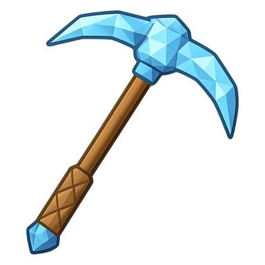 Transform this steel pickaxe into a diamond pickaxe with blue crystalline faceted tips, matching the diamond chainbody style, in the style of emoji. Transparent background. sticker