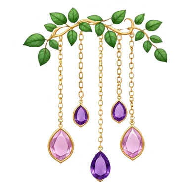 Hanging suncatcher, gold chains with shiny sparkly amethyst and rose-quartz gemstones, flowers, beautiful leaves, gorgeous aesthetics sticker