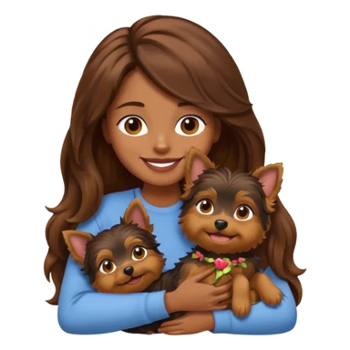 a woman with long wavy brown hair cuddling a Yorkshire Terrier, emoji style sticker