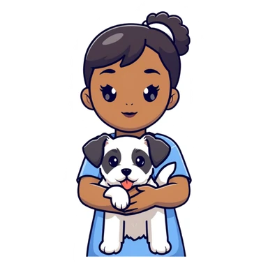 Black girl with short bangs holding a white schnauzer puppy sticker