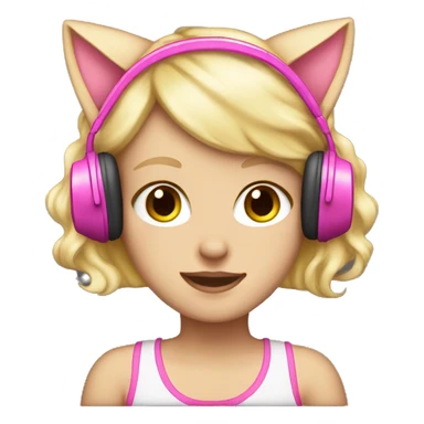 white girl with blonde hair wearing pink headphones that have cat ears sticker