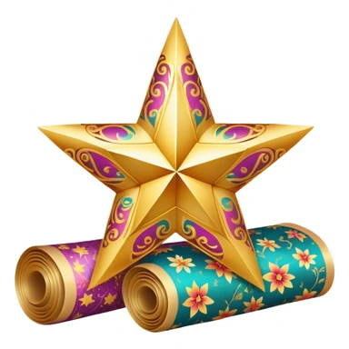 simple composition of a glowing sparkle or star shape in foreground with only a roll of patterned fabric behind it, no faces sticker