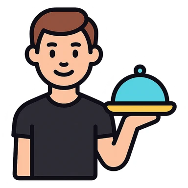 A guy waiter in a black T-shirt with a tray in his hand sticker