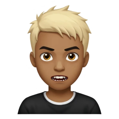 Black Male Teenager with Short punk messy blonde hair, Dark brown bushy eyebrows large expressive golden-brown eyes, wearing a plain white t-shirt, Dark Brown skin color. vampire tooth sticker
