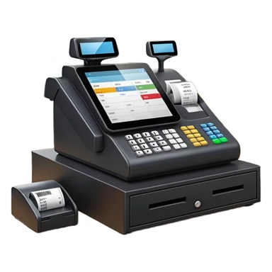 Modern shop cash register on a retail counter, ultra-realistic, 4K, photorealistic POS touchscreen, receipt printing, barcode scanner and card terminal, soft indoor lighting, realistic reflections and shadows, sharp focus, cinematic depth of field, professional photography. sticker