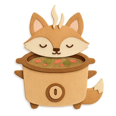 soft beige slow cooker fox, simmering soup, cute sleepy expression, full-body sticker