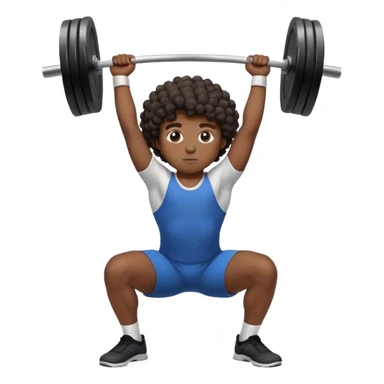 A boy with dark skin, curly hair is doing an overhead squat with a lot of weight on the barbell sticker