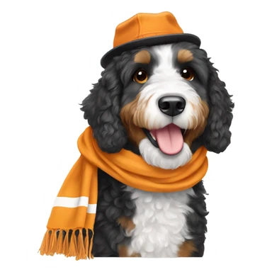 Bernedoodle with University of tennessee hat and scarf sticker