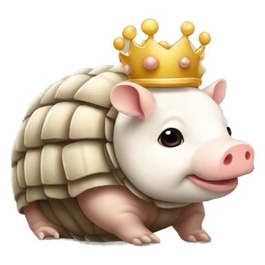 Beige and white piebald chubby round armadillo pig panda centipede armadillo wearing a crown sticker