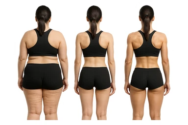 fai una donna di spalle in gym shorts leggermente sovrappeso e con cellulite e accanto una seconda donna di spalle magra (che è dimagrita post dieta) e accanto una terza donna in forma allenata e con le giuste proporzioni, l'immagine deve rappresentare il processo: da donna grassa, a donna piatta e magra, a donna allenata e in forma con i giusti muscoli, iperrealistico 4k sticker