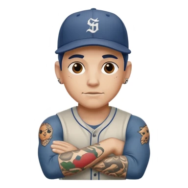 tattooed guy, baseball cap sticker