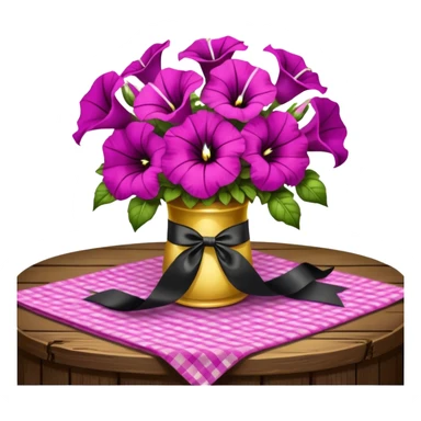 A lush bouquet of bright light margenta color petunia black satin ribbon, resting on an antique wooden table, with a pale yellow and pink plaid pattern table cloth sticker
