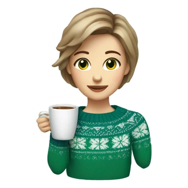 Light brown short haired girl with green eyes drinking coffee wearing blue Christmas sweater sticker