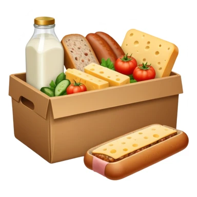 a box of groceries, sausage, cheese, canned meat, herbs, milk, tomatoes, cucumbers, and a loaf of bread sticker