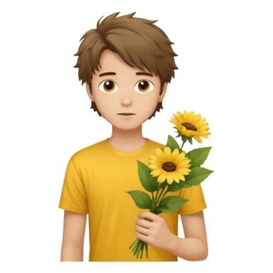 generate an ios genmoji of a 20 year old fair boy with brown long and messy hair with faint stubble. should look like he cant grow a mustache., carrying a flower bouquet, wearing a yellow tshirt, looking shy sticker