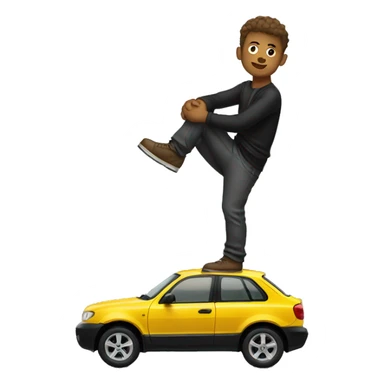 A man who has climbed onto and is sitting on a black coupe sticker