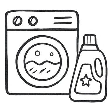 washing machine with detergent, hand drawn black outline icon, no fill sticker