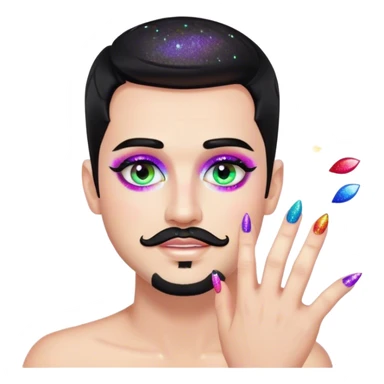 White man with black short hair and black goatee, very gay very glitter very rainbow add nail polish and makeup and lashes sticker
