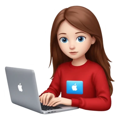 Emoji of a cute 3D girl with long brown hair and blue eyes, wearing a red sweater, focused working on a MacBook laptop, white background sticker
