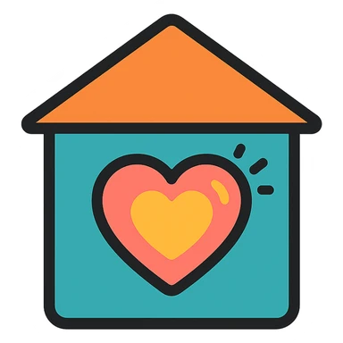 a glowing heart inside a simple house outline, modern flat icon style sticker